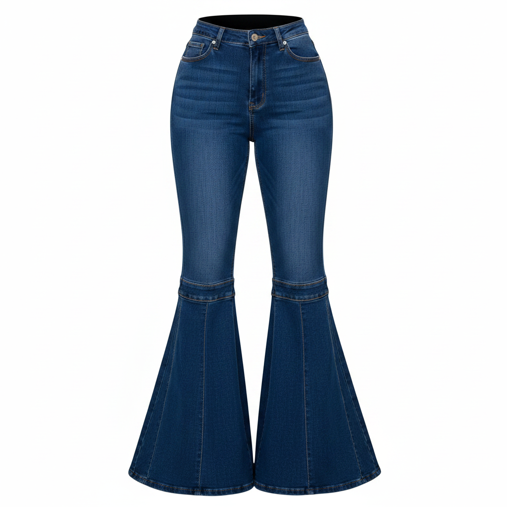 Women's deep blue high-waist super flare bell-bottom denim jeans ghost mannequin view on white background