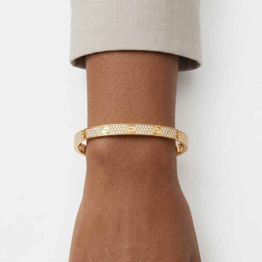 Gold-colour pave stone bracelet on a Black adult wrist