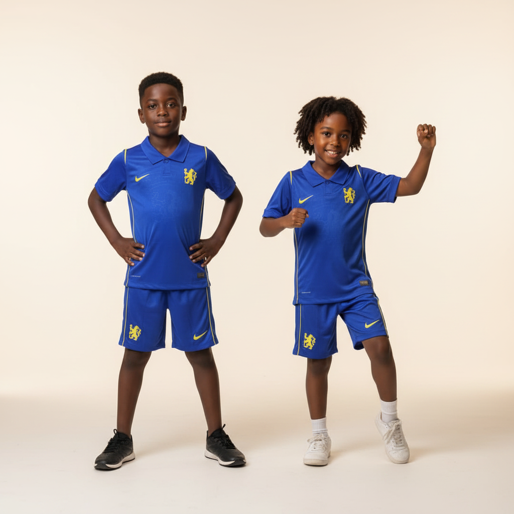 Black Nigerian boy and girl wearing Chelsea FC kids royal blue football kit