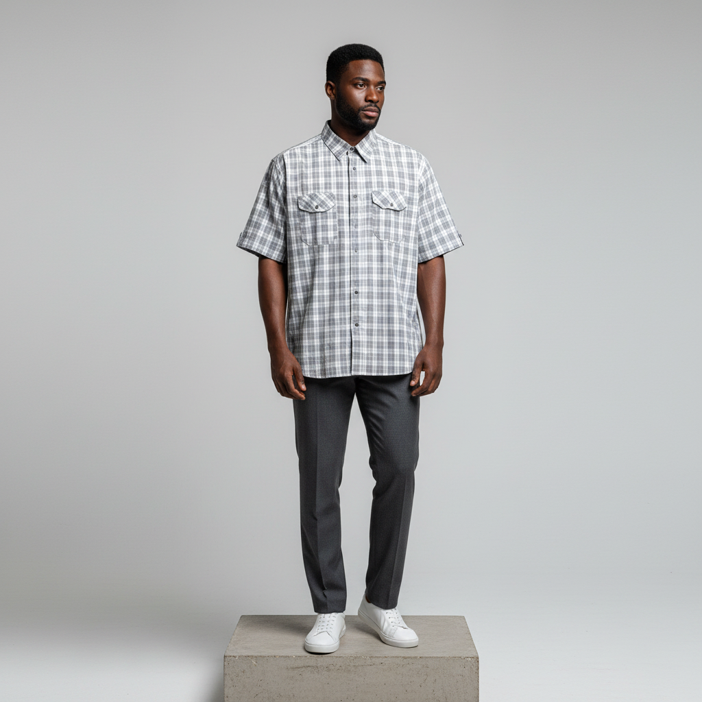 Grey White Plaid Short-Sleeved Shirt - Model Shot