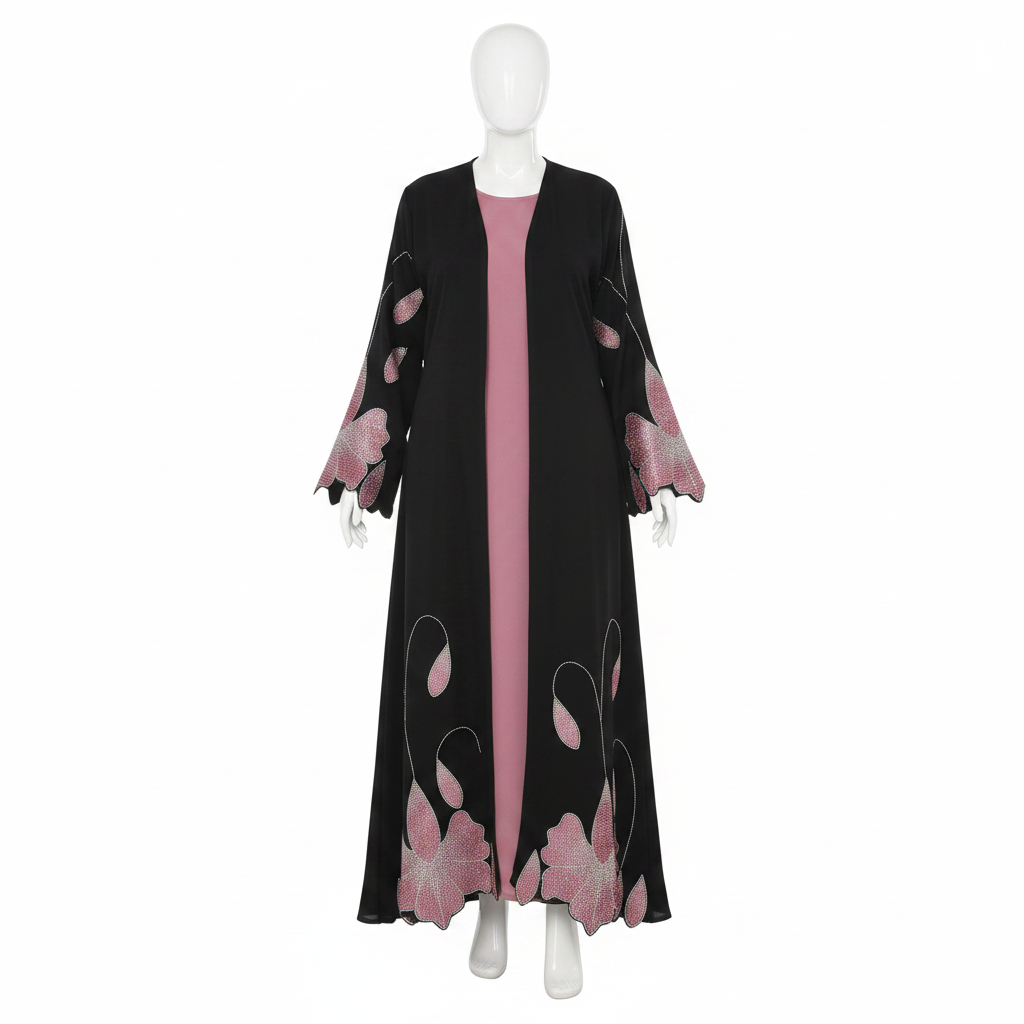 Women's Black Pink Floral Cutout Embroidered Open-Front Abaya – Ghost Mannequin