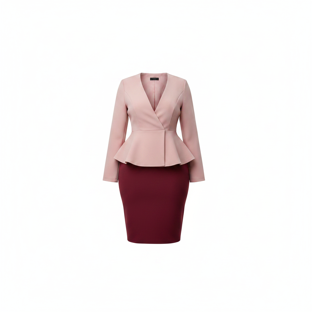 Women's Blush Pink & Burgundy Peplum Blazer Two-Piece Co-ord Set – Ghost Mannequin Front View