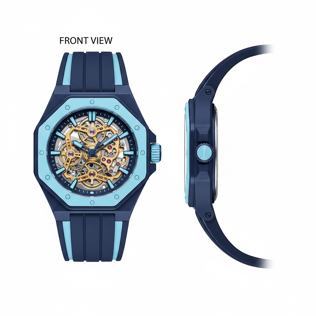 Unisex navy blue octagonal skeleton pop watch with open-heart dial and light blue accents, front and side view