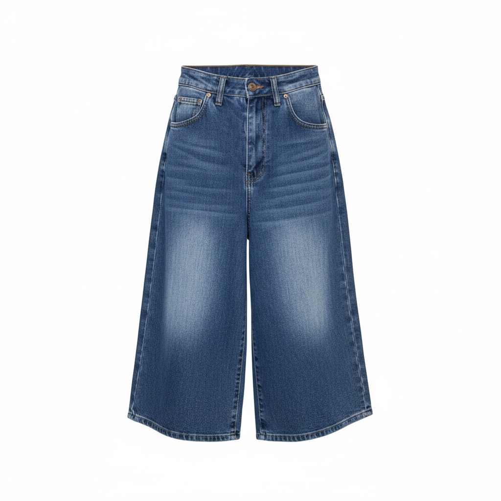 Blue Wash Wide-Leg Denim Culottes - Ghost Mannequin Front