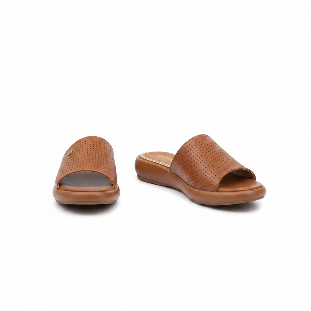 Women's brown perforated wide-strap cushioned slide slipper - ghost mannequin pair view