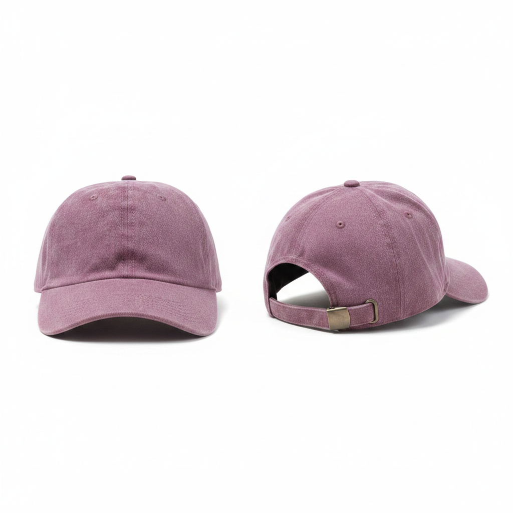 Plain acid-washed mauve dusty pink dad cap ghost mannequin front and side view
