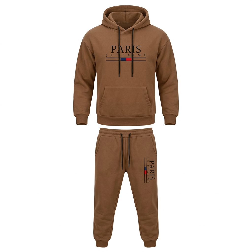 Brown letter-print hoodie and cuffed jogger set on an invisible mannequin