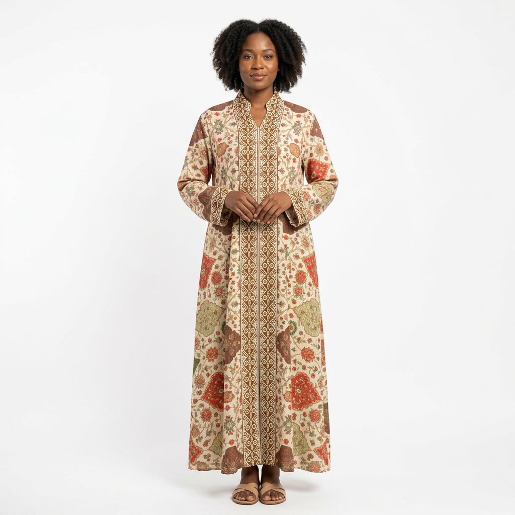 Woman wearing cream floral medallion border-print abaya