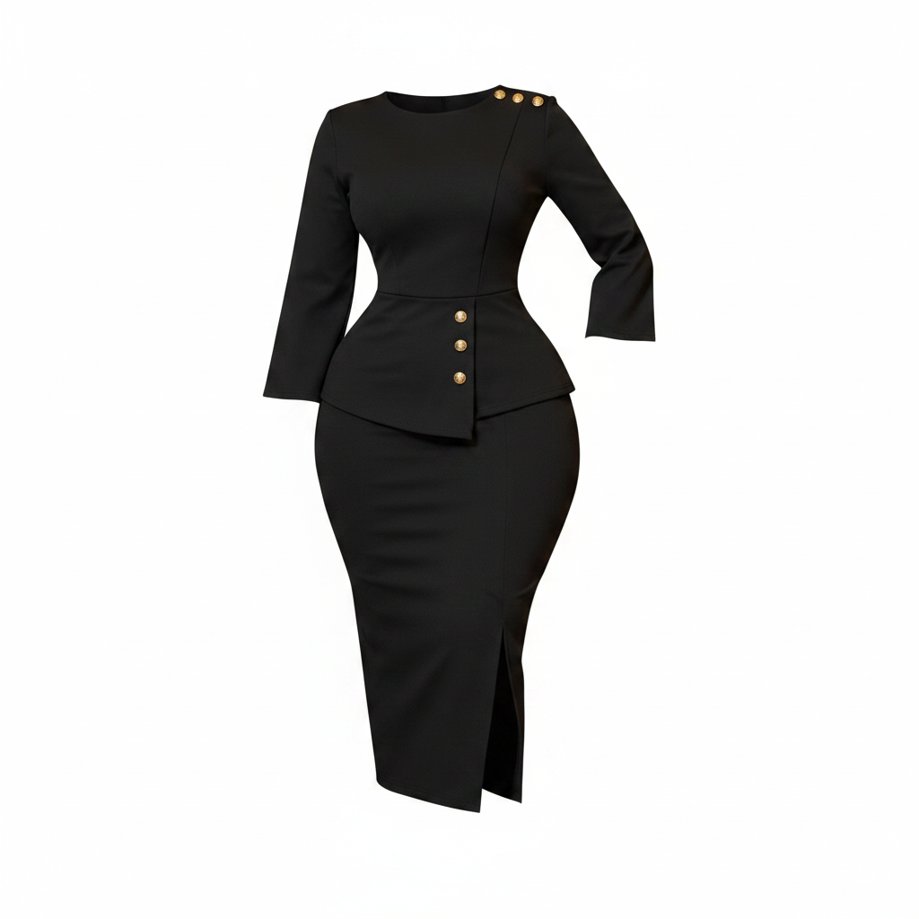 Women's black structured peplum gold button co-ord set – ghost mannequin front view