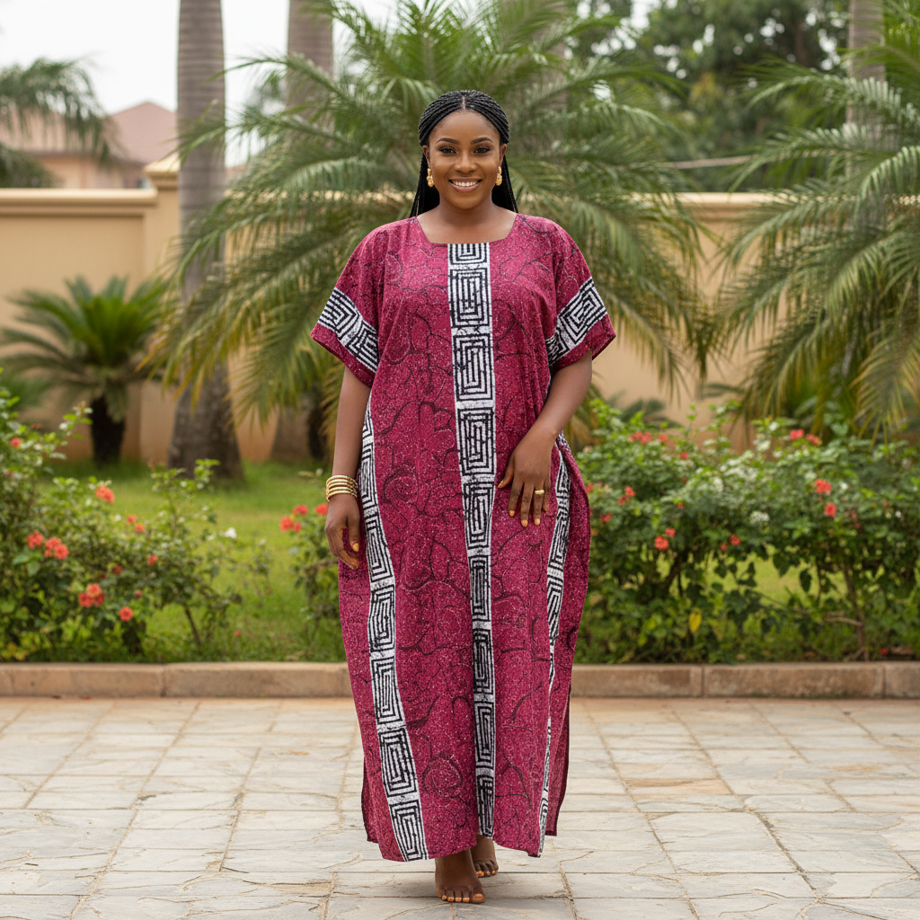 Nigerian woman wearing wine bubu dress with tribal print in garden setting