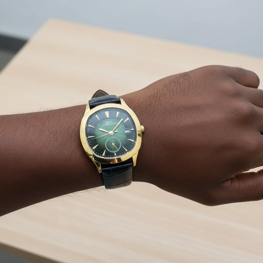 Gold-tone watch with dark green sunray dial and navy textured strap worn on a Black man’s wrist