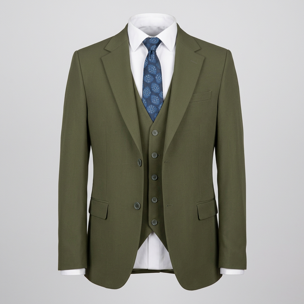 Olive green suit jacket and waistcoat in ghost mannequin styling