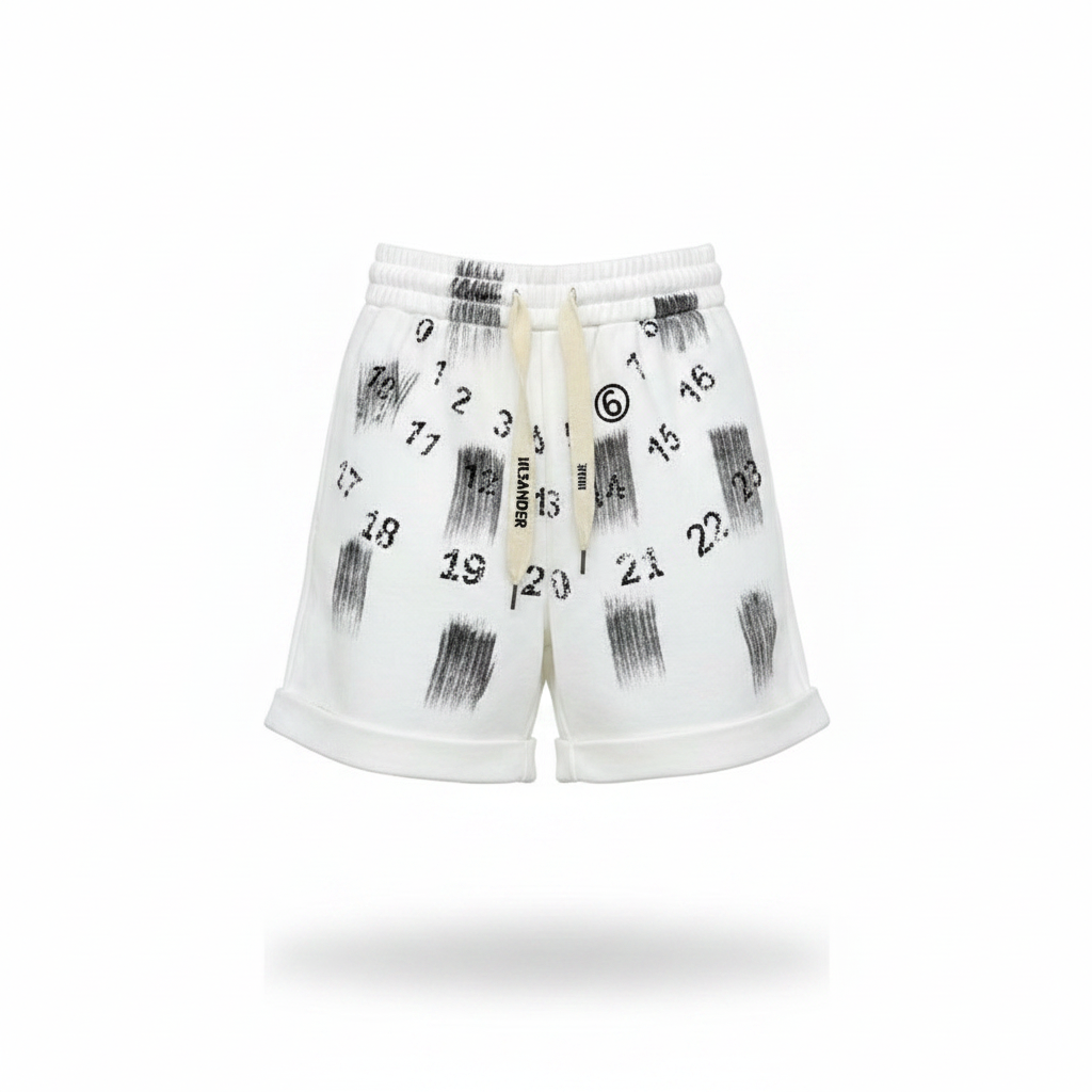 Ghost mannequin front view of white fleece drawstring shorts with scattered number digit print and brushstroke overlay