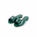 Ghost mannequin pair view of green patent leather square buckle flat slide slippers