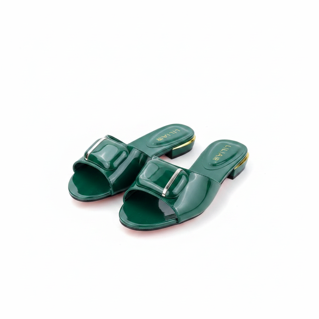 Ghost mannequin pair view of green patent leather square buckle flat slide slippers