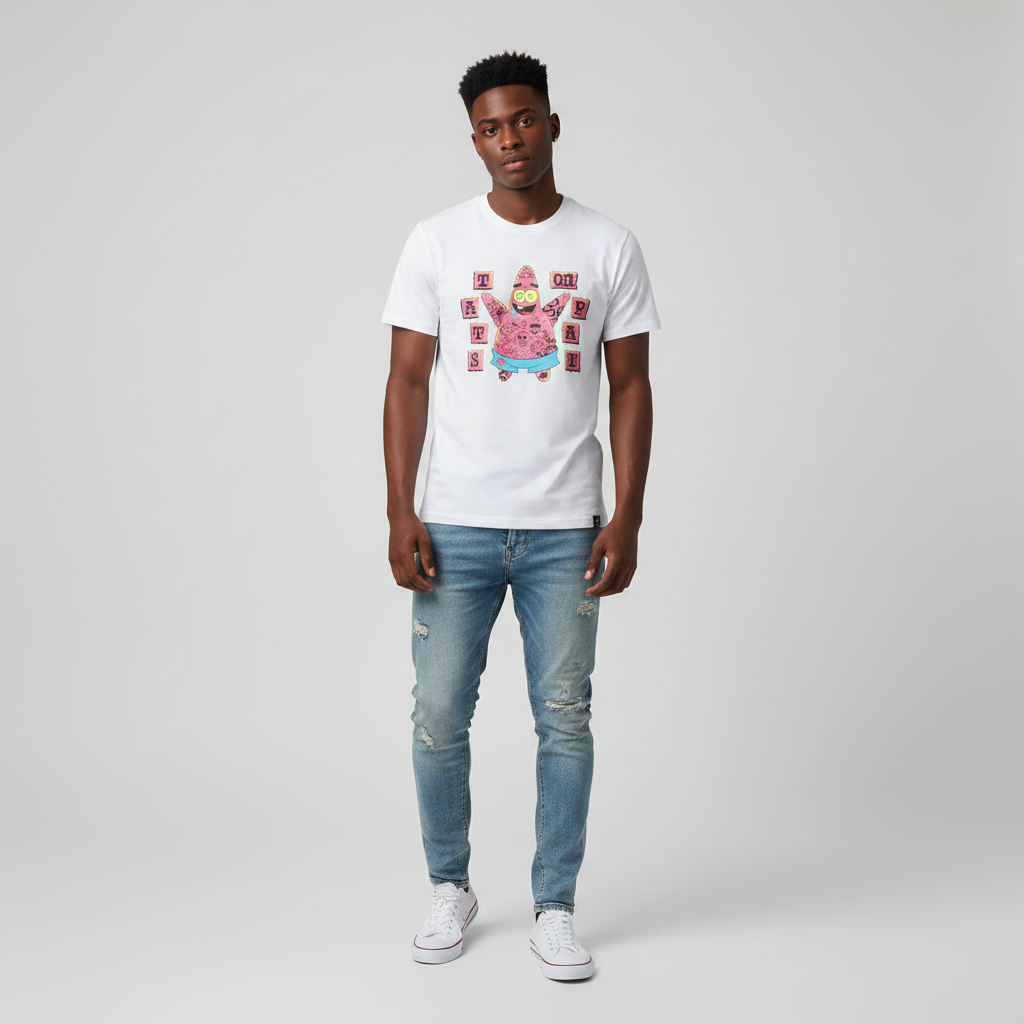 Young Nigerian male wearing white tattooed Patrick Star cartoon graphic crew neck tee