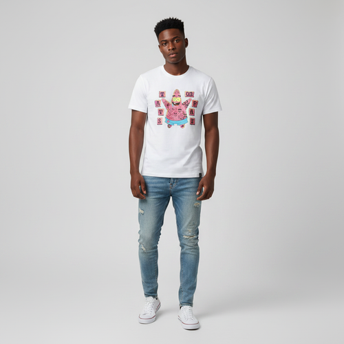 Young Nigerian male wearing white tattooed Patrick Star cartoon graphic crew neck tee