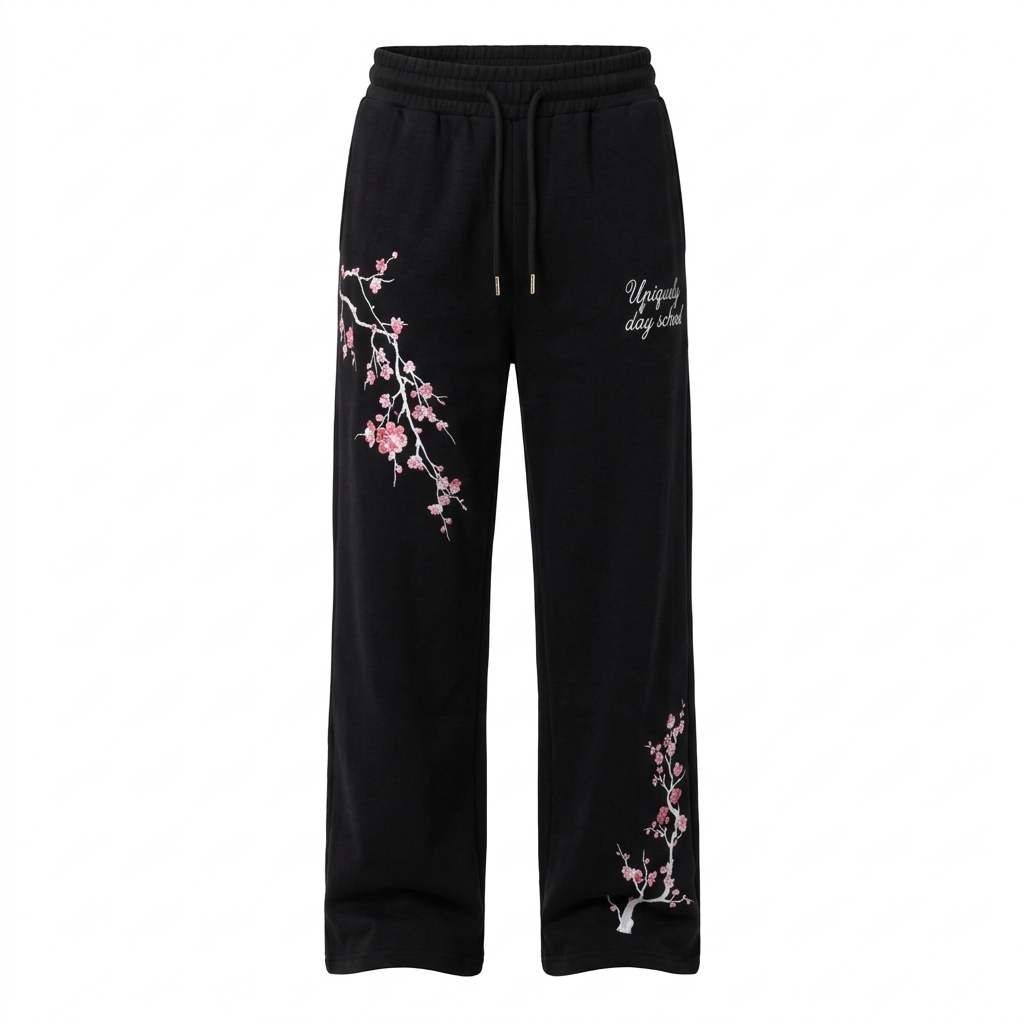 Black wide-leg drawstring trousers with pink blossom and pale branch detailing