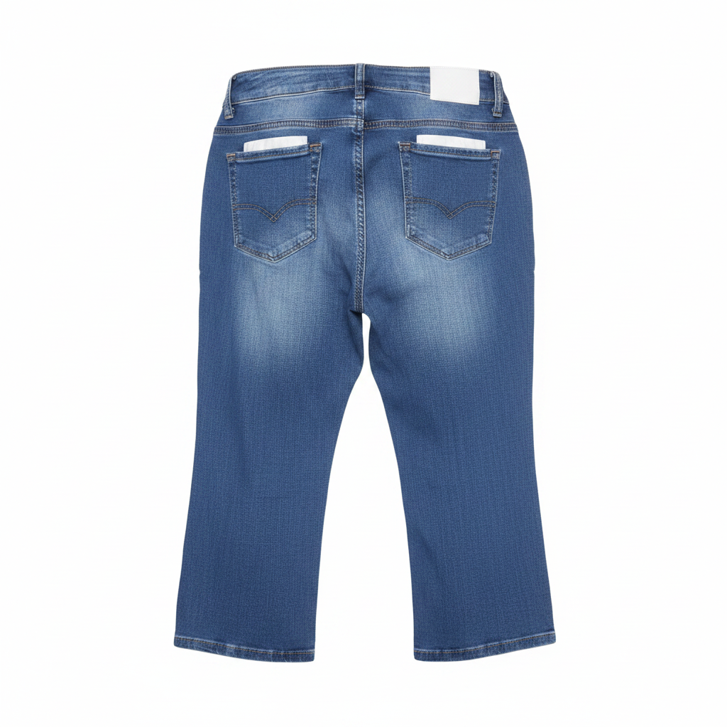 Blue Distressed Denim Capri Trousers - Ghost Mannequin Back