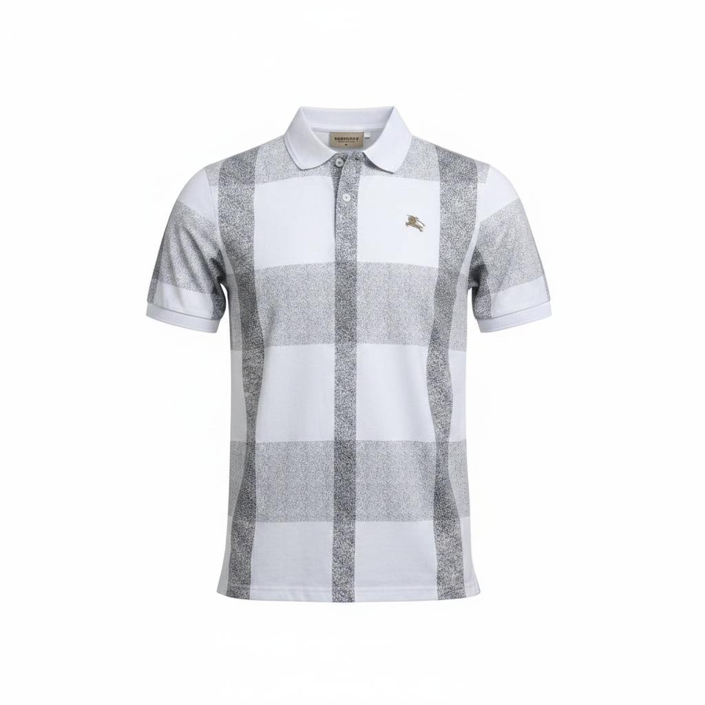 Ghost mannequin view of white and grey check plaid polo shirt