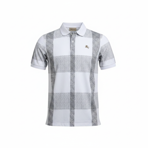 Ghost mannequin view of white and grey check plaid polo shirt