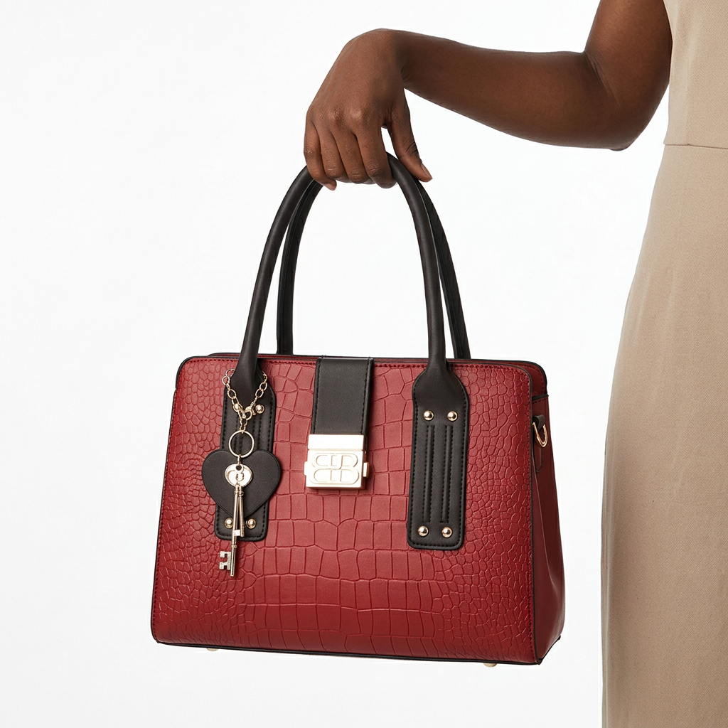 Wine-red embossed tote with black trim held by one hand gripping both handles