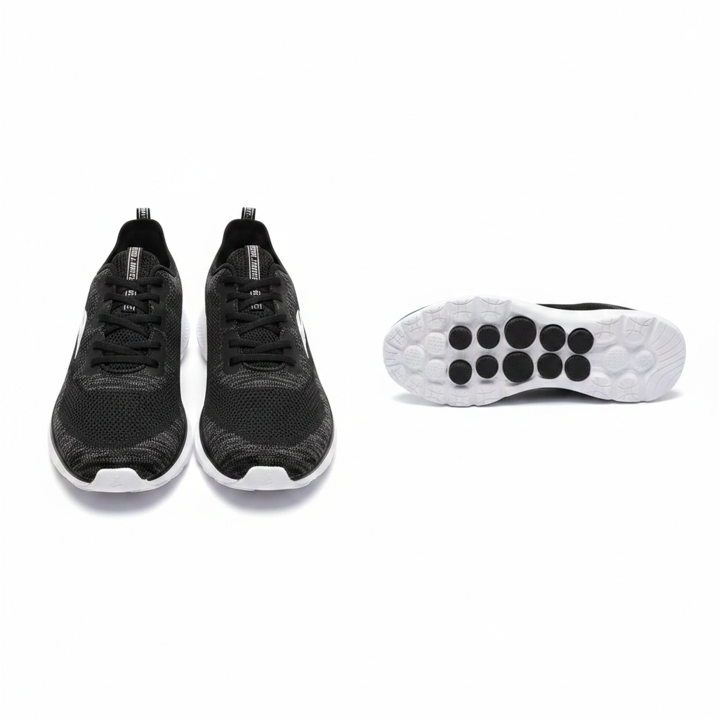 Men's black knit lace-up performance runner sneaker ghost mannequin front and side view pair showing traction pod outsole