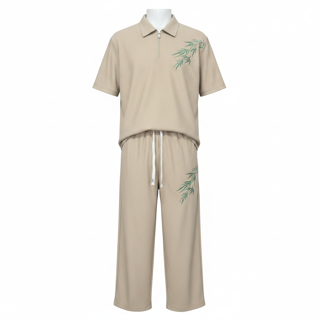 Ghost mannequin stone cream bamboo leaf ribbed polo and trouser two-piece set