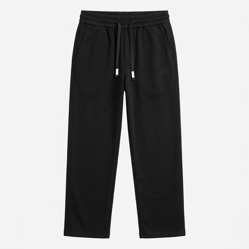 Men’s black straight-leg joggers with tonal thigh detail, generated ghost mannequin view