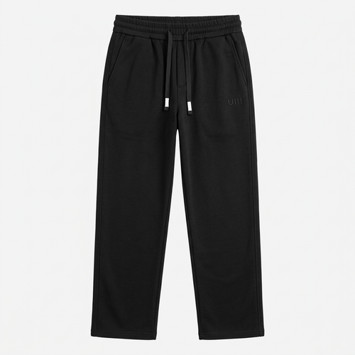 Men’s black straight-leg joggers with tonal thigh detail, generated ghost mannequin view