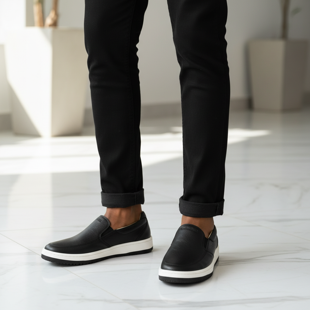 Black Pebbled Leather Slip-On Loafer - Model Shot