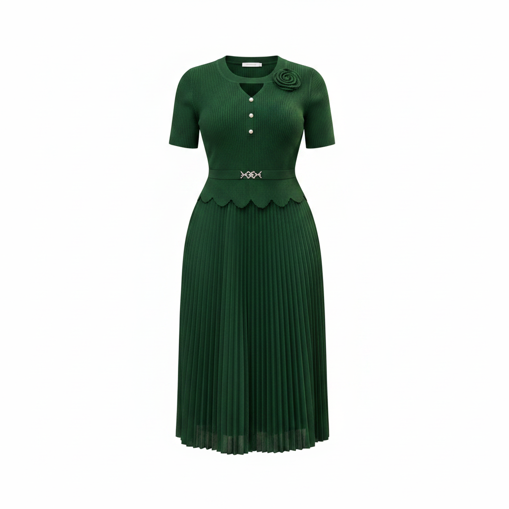 Ghost mannequin view of forest green ribbed scallop peplum top and pleated midi skirt set