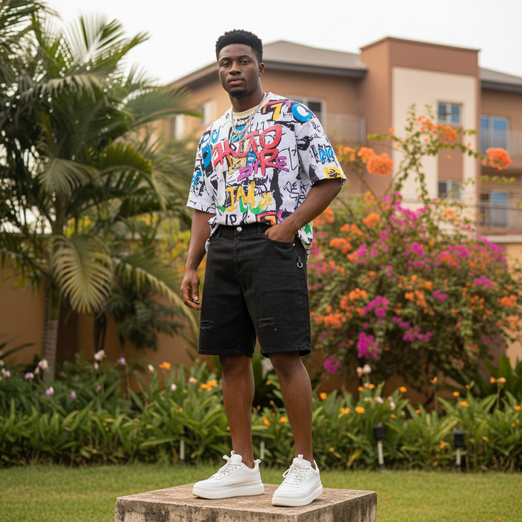 Nigerian male model wearing washed black distressed denim shorts with D-ring hardware — full body street style