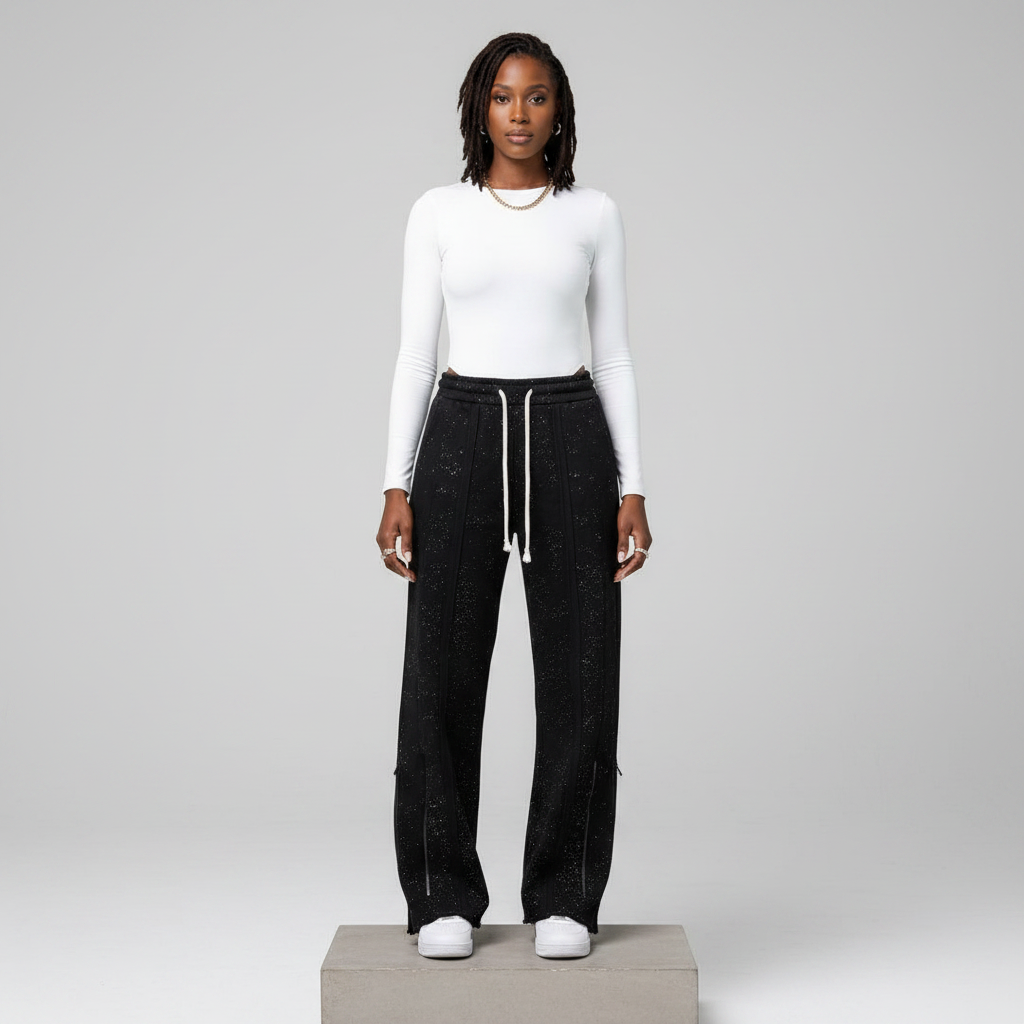 Black Glitter Wide-Leg Jogger Pants – Front Model