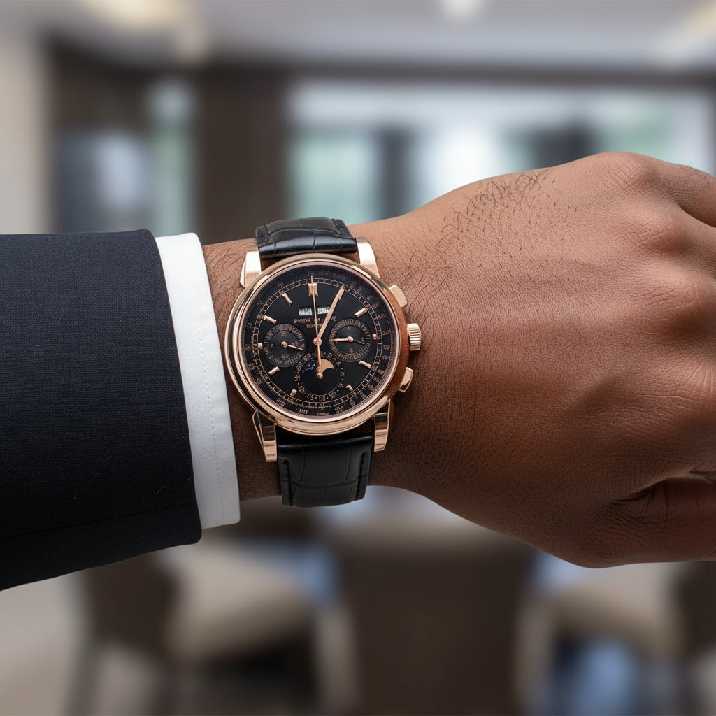 Men's rose gold chronograph black dial moon phase watch worn on Nigerian male model wrist — black leather strap lifestyle wrist shot