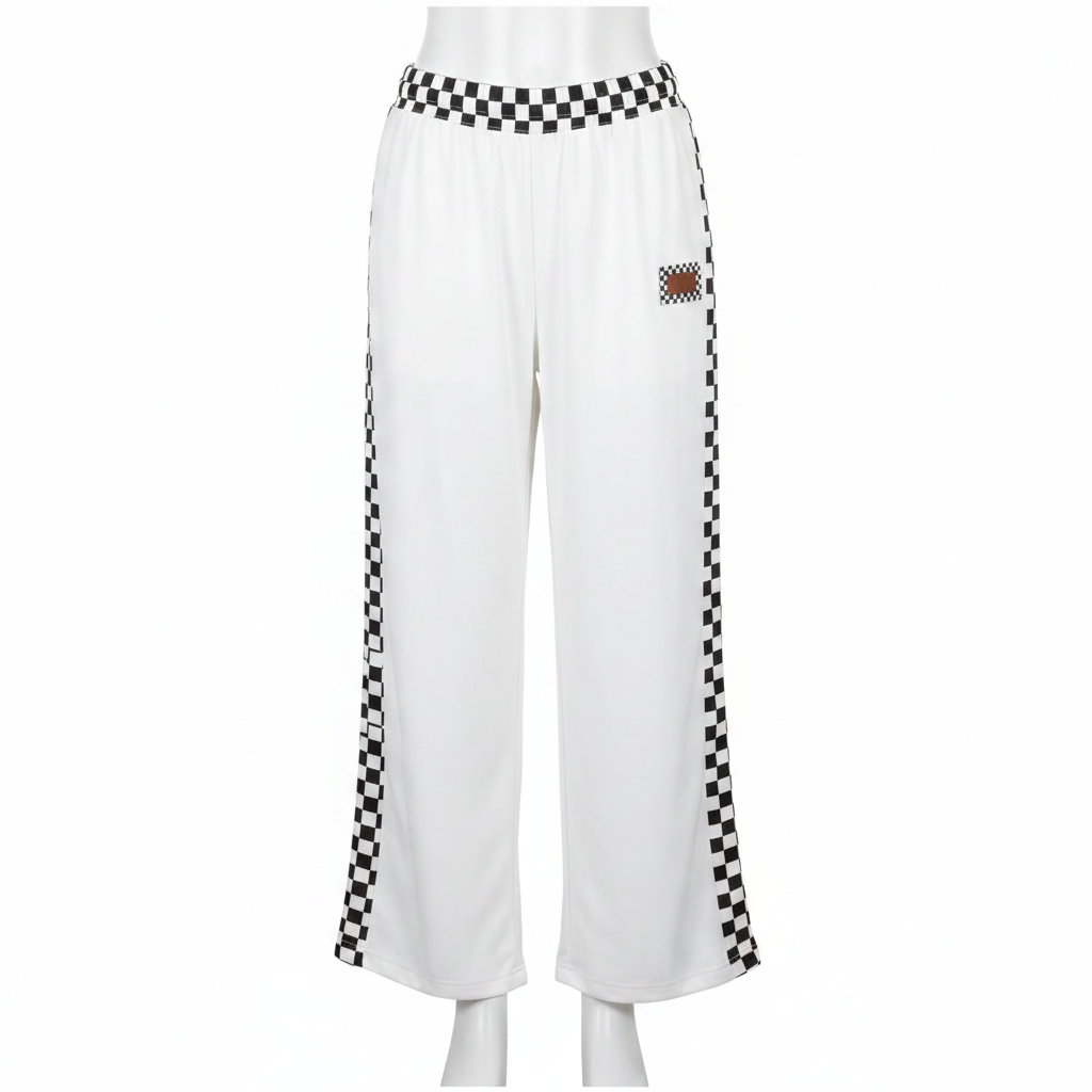 Women's white wide-leg checkerboard trim trousers with embroidered patch - ghost mannequin front view