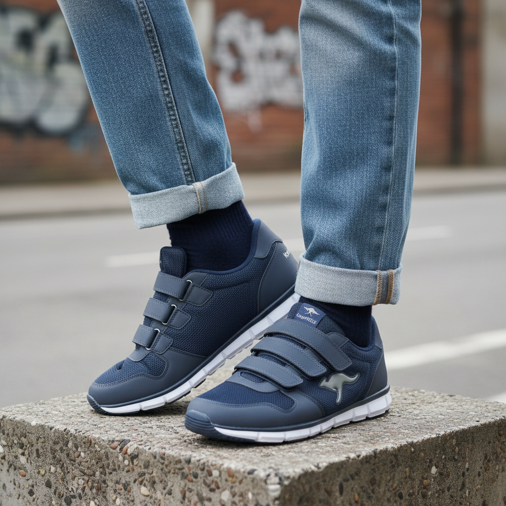 Model wearing navy blue triple velcro-strap retro running sneakers leg shot