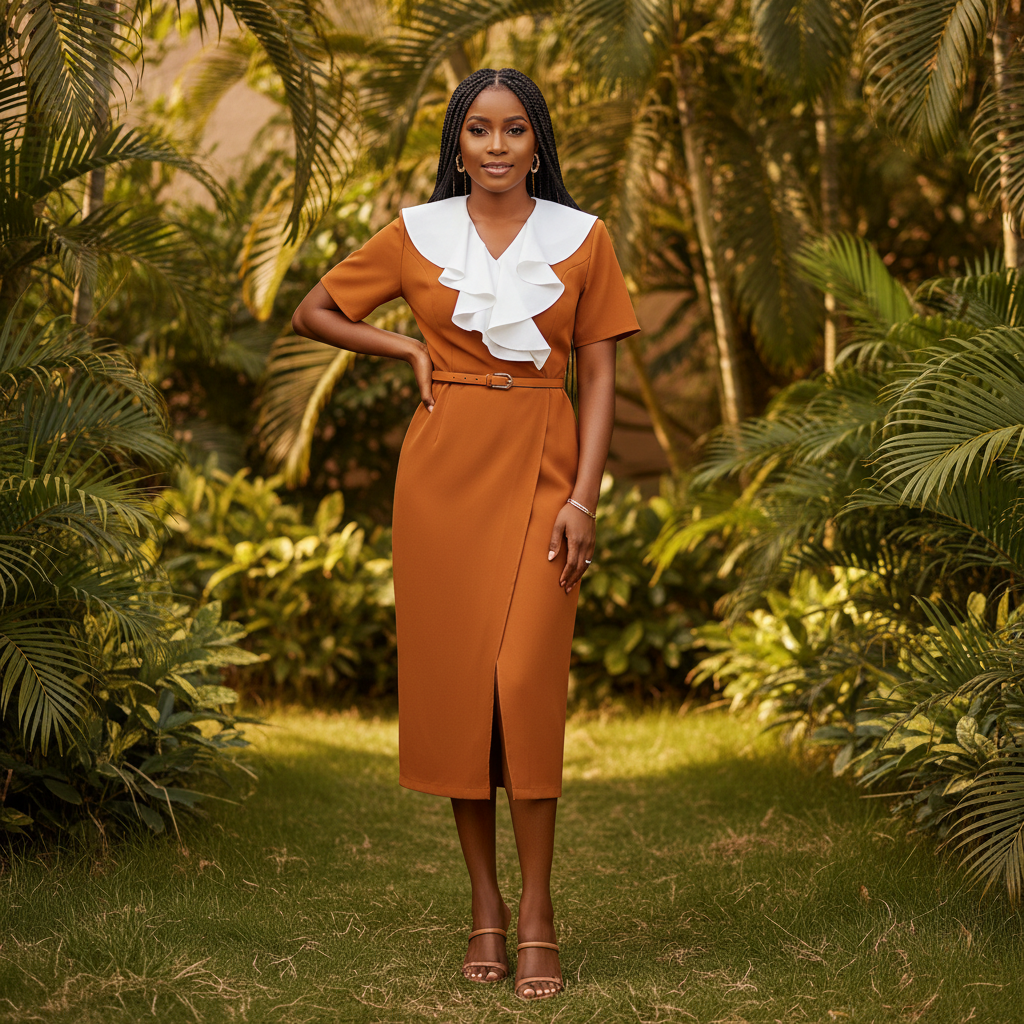 Rust Orange Ruffle Collar Wrap Dress - Front Model View