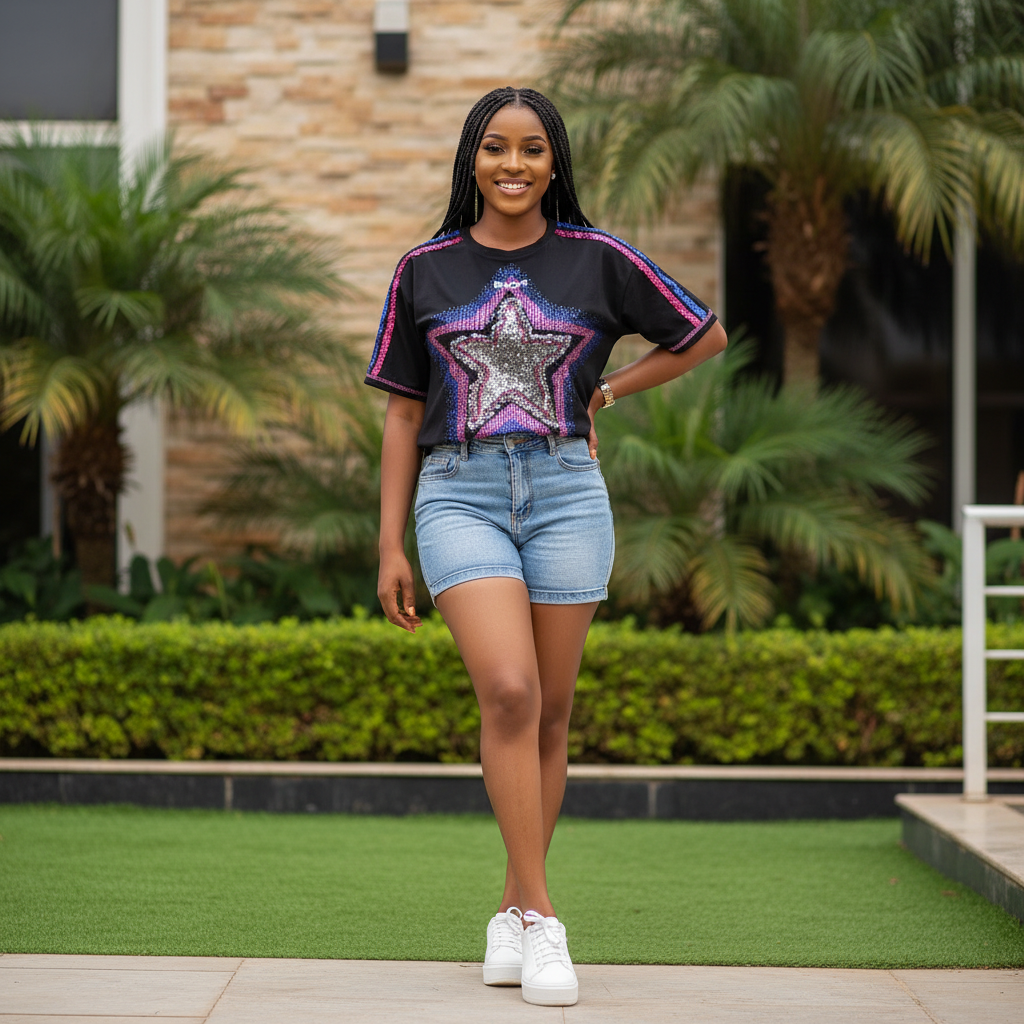 Nigerian female model wearing black star sequin graphic top front view