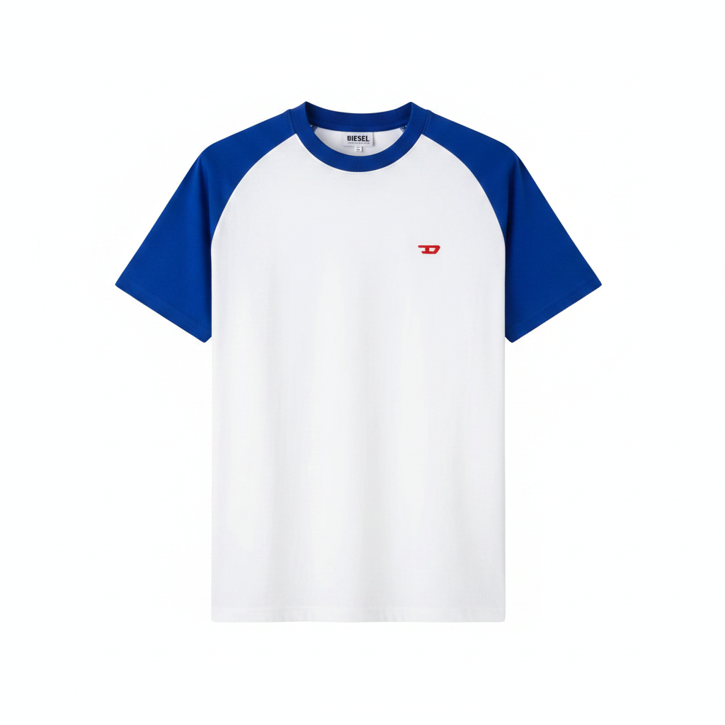 Men's White Blue Raglan Tee with Red Logo - Ghost Mannequin Front View