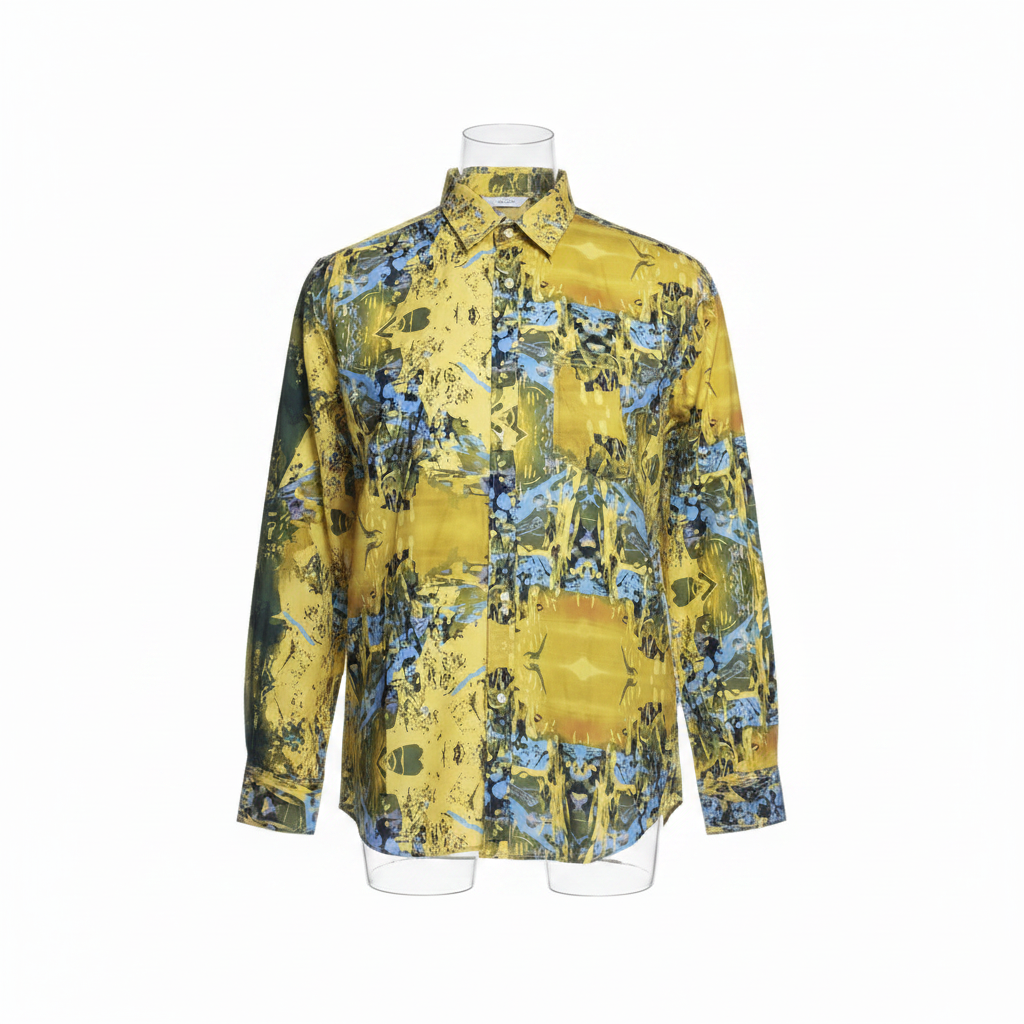 Yellow abstract print long-sleeved shirt ghost mannequin front view