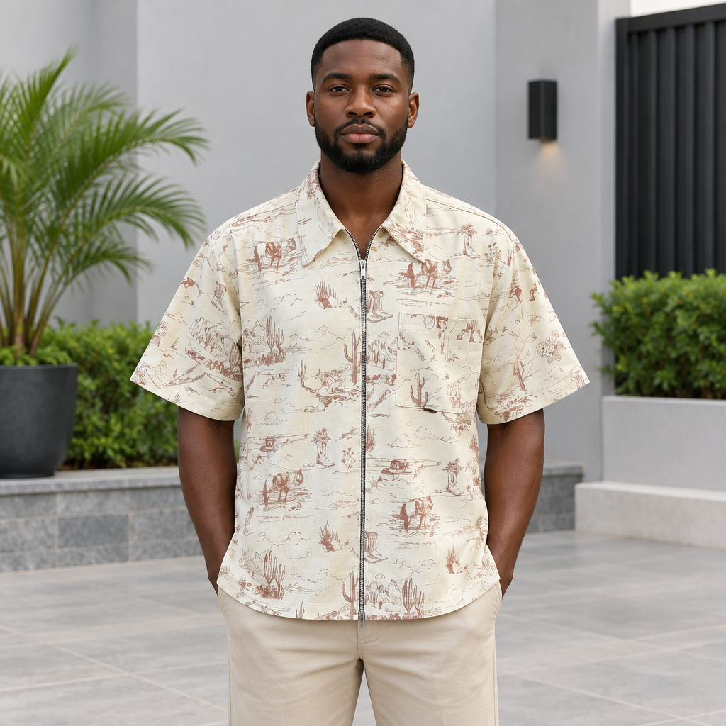 Men's cream line-art printed zip-front shirt on Black Nigerian model