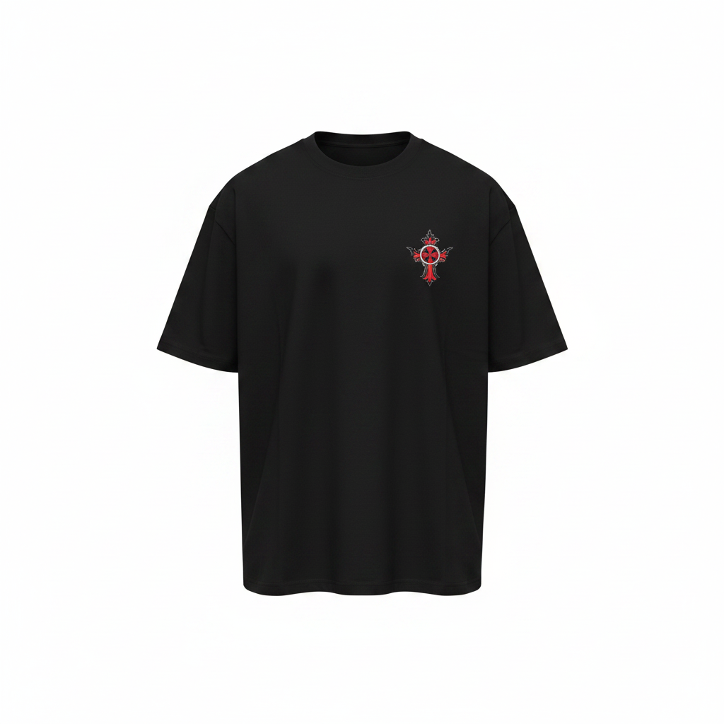 Unisex black gothic cross knight graphic oversized tee – ghost mannequin front view