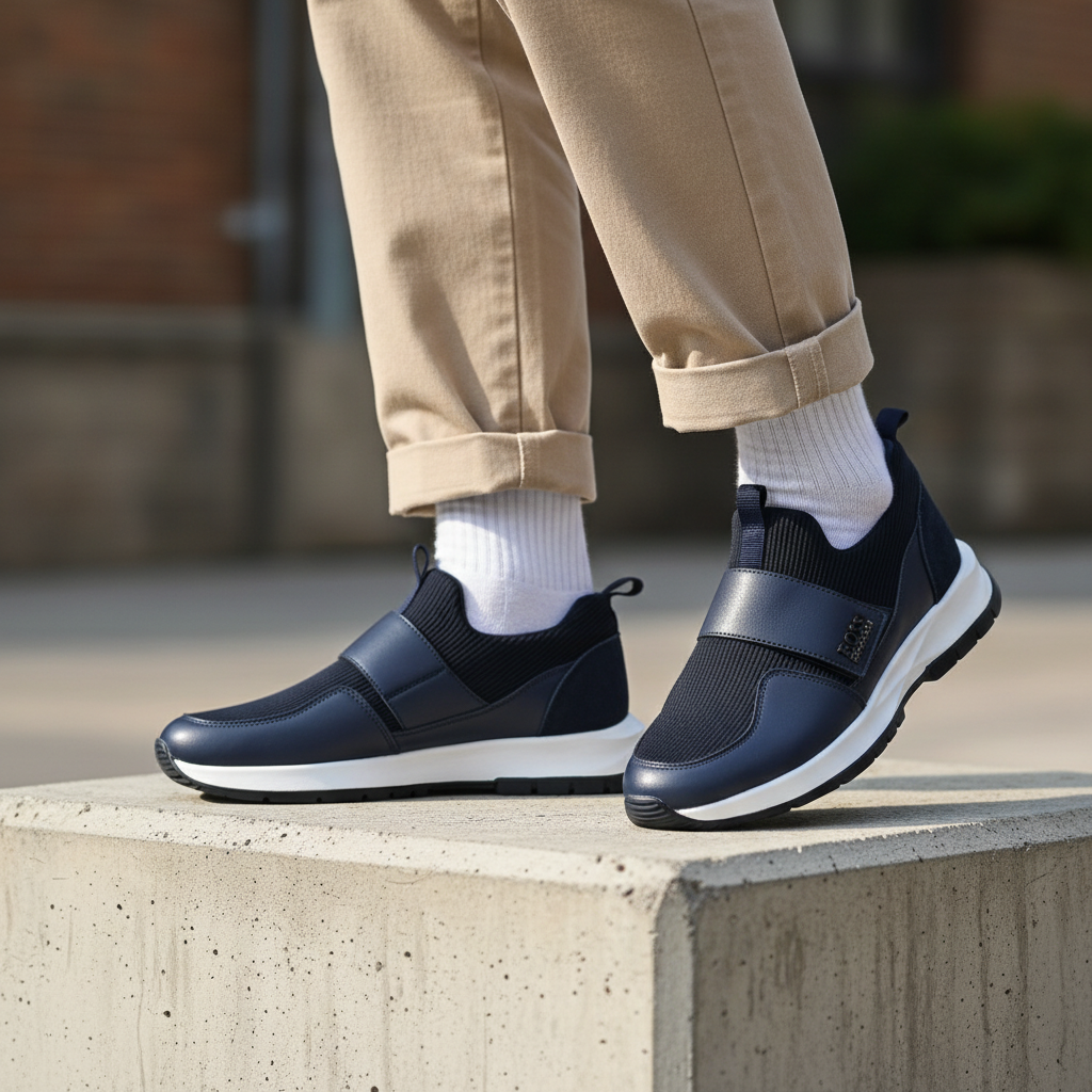 Model wearing navy blue leather and ribbed knit velcro-strap slip-on sneakers leg shot