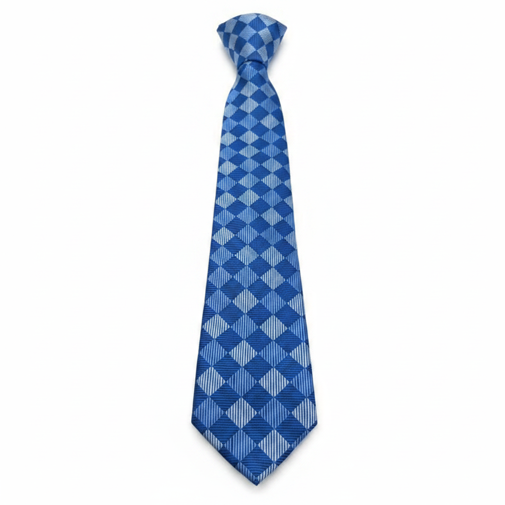 Men's royal blue diamond geometric necktie flat lay ghost mannequin view