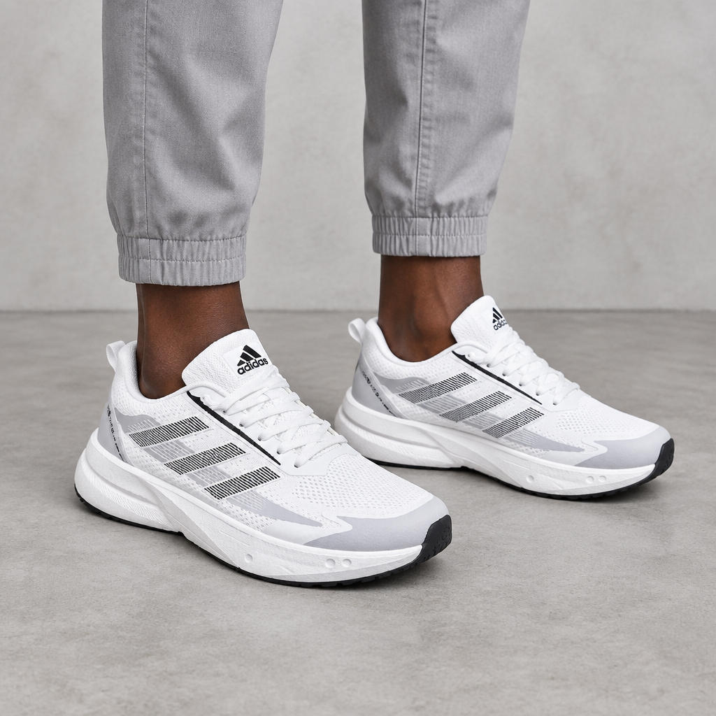 White mesh sneakers worn by a model, shown from the legs down