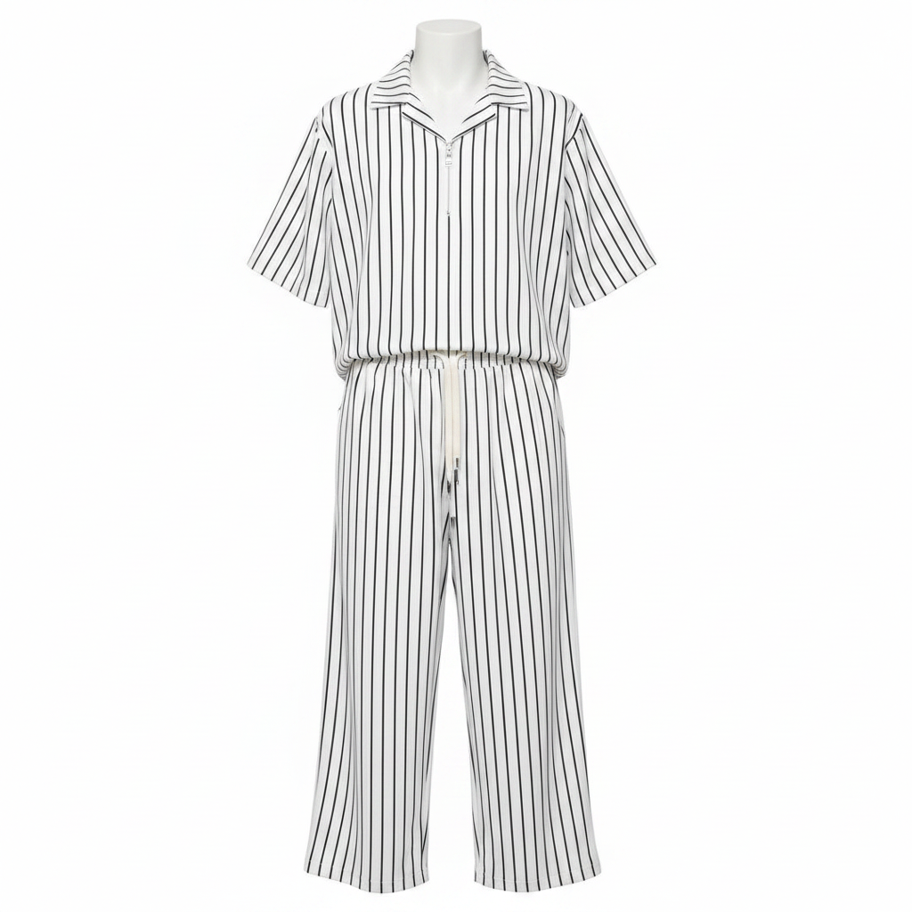 Ghost mannequin white pinstripe polo and trouser two-piece set