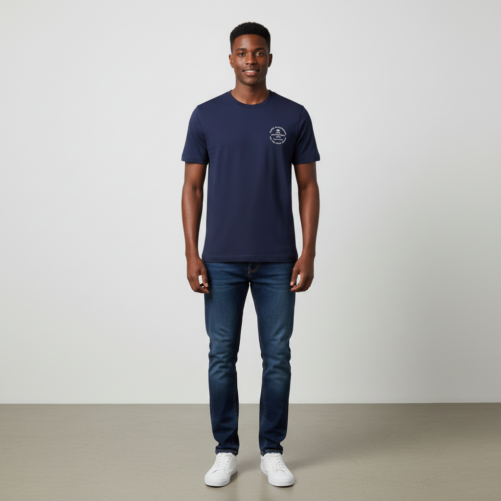 Young Nigerian male wearing deep navy Outfitters Spirit Within circular badge graphic crew neck tee
