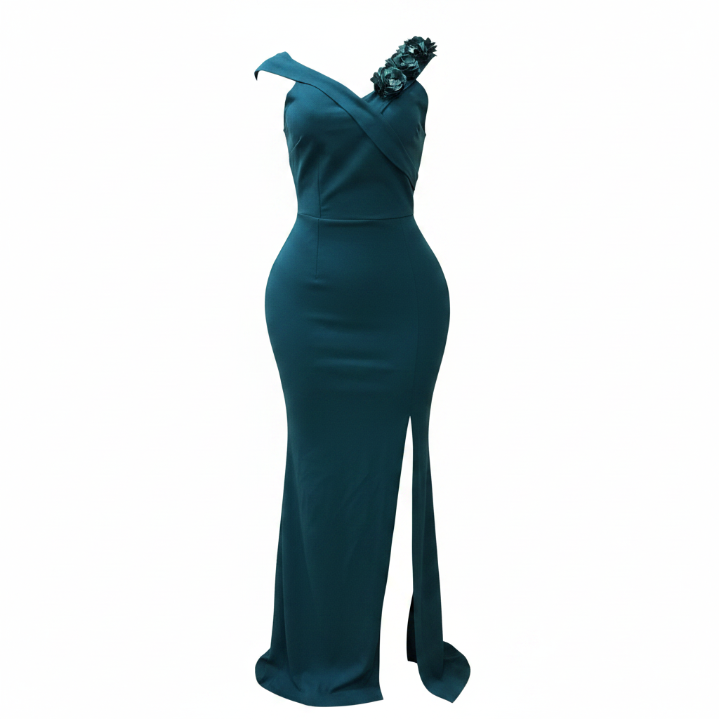 Teal One-Shoulder 3D Floral Bodycon Maxi Gown - Ghost Mannequin