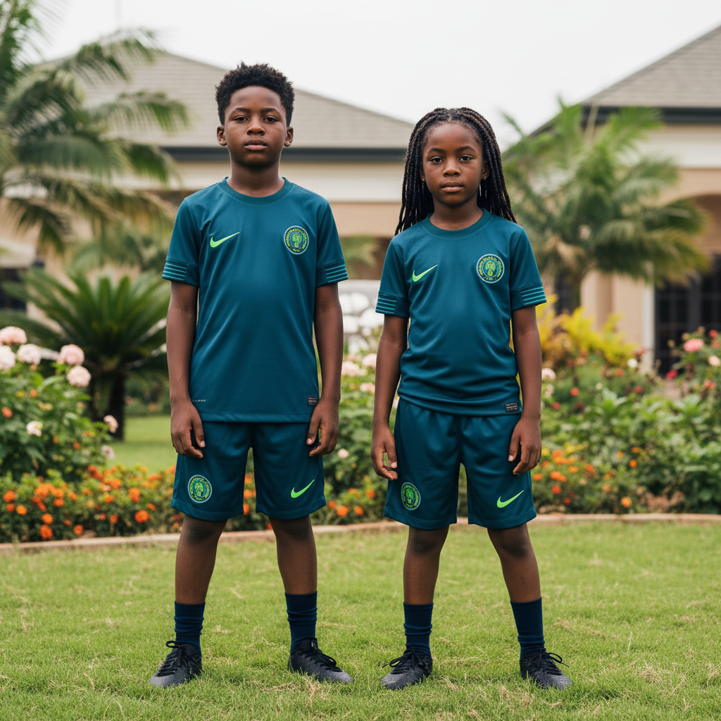 Nigerian boy and girl wearing deep teal naija eagle kids football jersey and teal shorts set